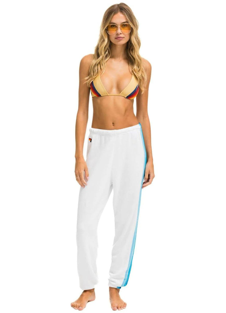 Aviator Nation 5 Stripe Women’s Sweatpants in White with Blue Stripes Full Front View
