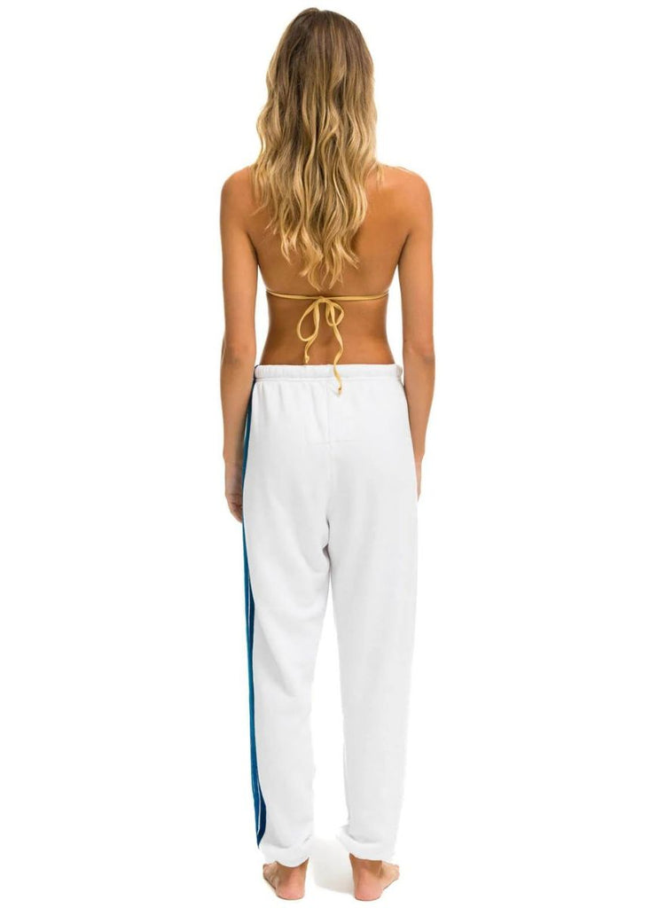 Aviator Nation 5 Stripe Women’s Sweatpants in White with Blue Stripes Back View