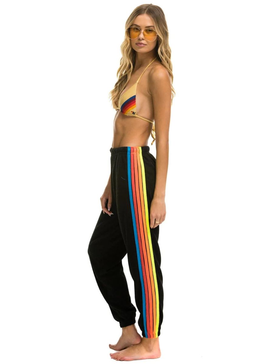 Aviator Nation 5 Stripe Women’s Sweatpants in Black with Neon Rainbow Stripes