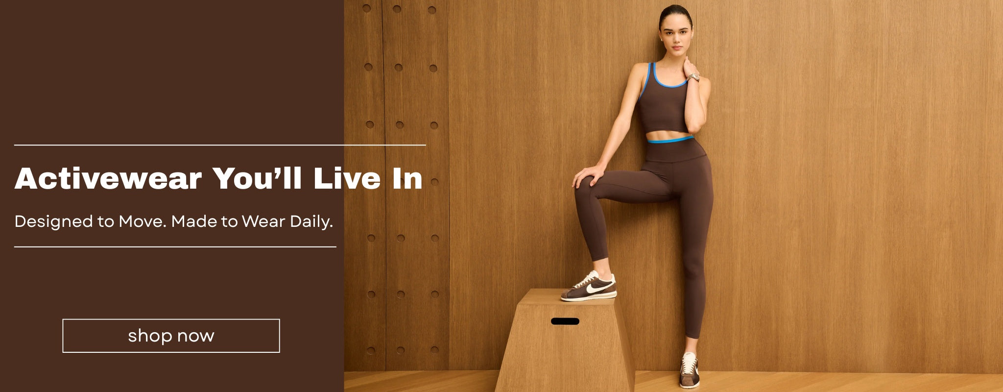 Woman in athletic wear posing on a wooden box with a brown background and promotional text.