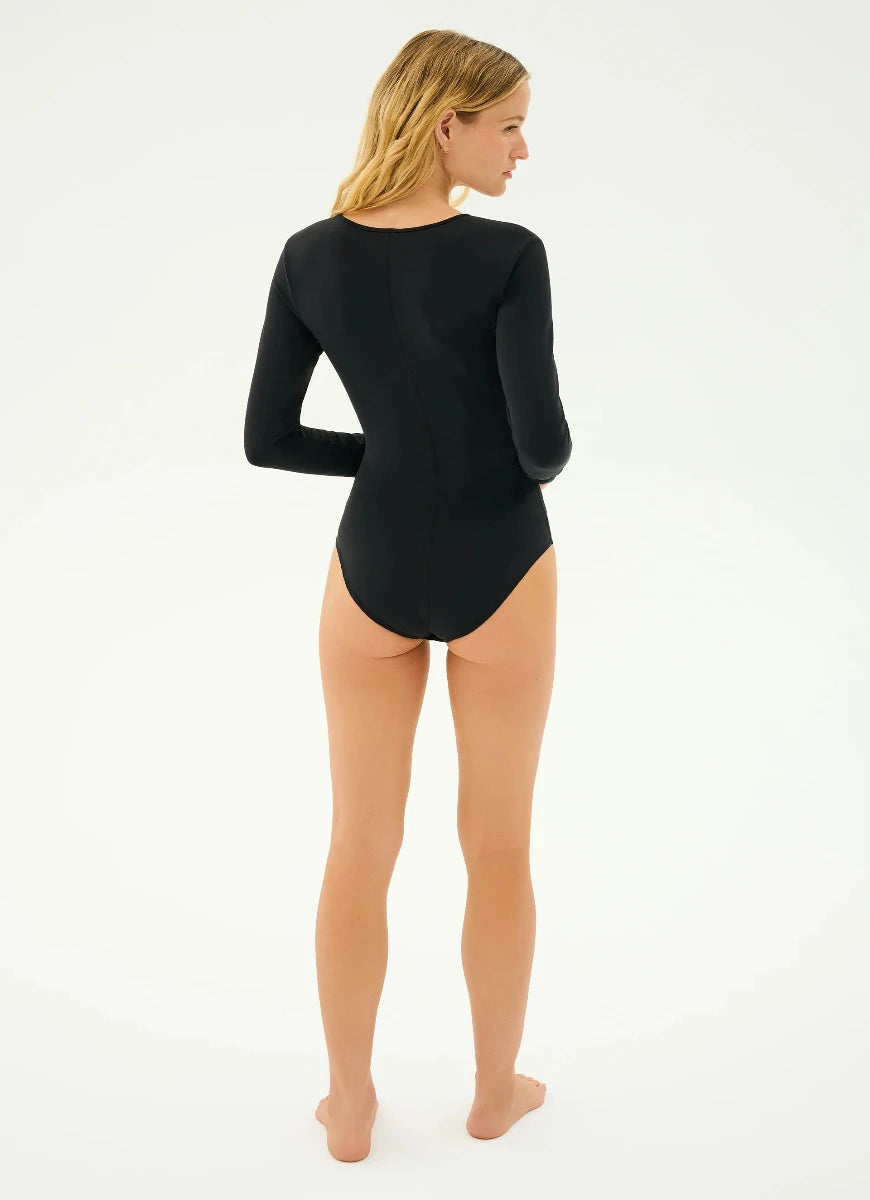 Splits59 Airweight Scoop Neck Bodysuit in Black Full Length Back View