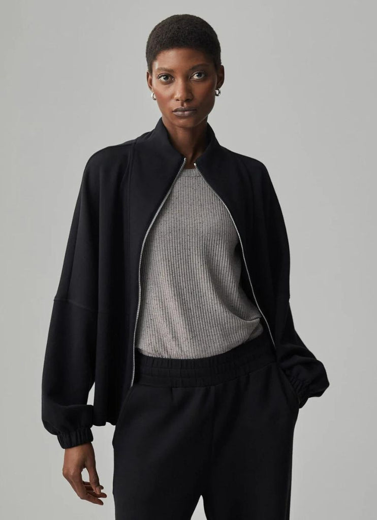Varley Ashbury Zip Through Women's Sweatshirt in Black Close Up Front View Unzipped