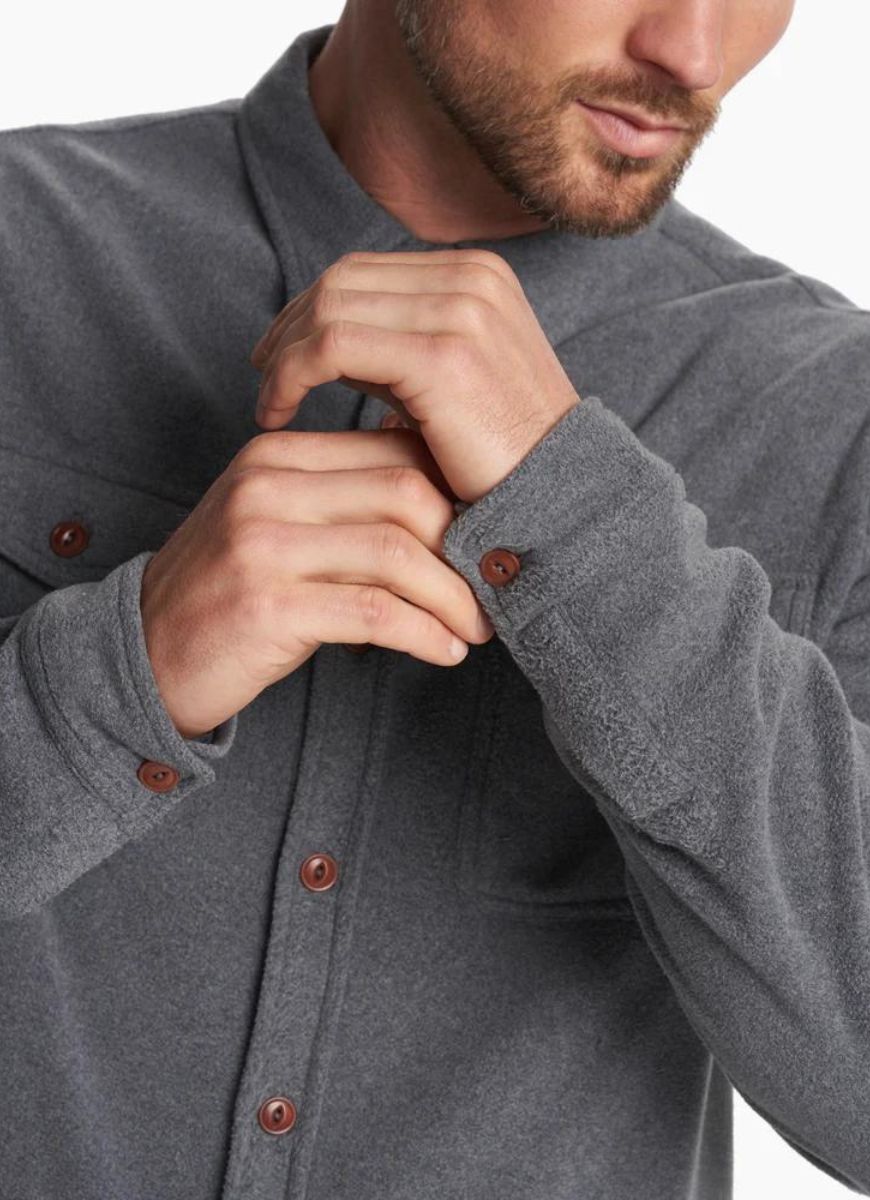 Men's Vuori Aspen Shirt Jacket in Grey Close Up Front View