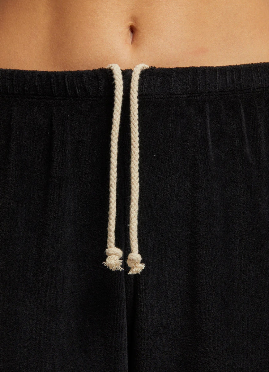 perfectwhitetee Women's Bailey Velour Jogger in Black Close Up View of Drawstring