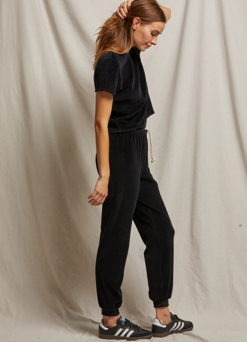 perfectwhitetee Women's Bailey Velour Jogger in Black Side View