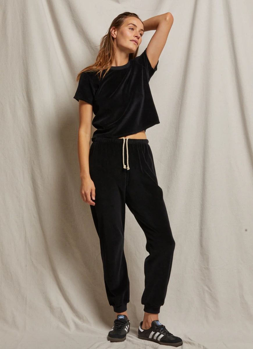 perfectwhitetee Women's Bailey Velour Jogger in Black Front View