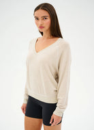 Splits59 Bennie Fleece V-Neck Sweatshirt in Oatmeal/White Side View