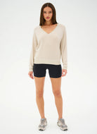 Splits59 Bennie Fleece V-Neck Sweatshirt in Oatmeal/White Full Length Front View