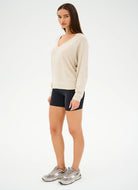 Splits59 Bennie Fleece V-Neck Sweatshirt in Oatmeal/White Full Length Side View