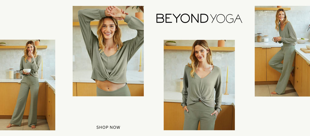 Collage of Model Wearing the Beyond Yoga Twist Up Reversible Pullover and Matching Spacedye Laid Back Pant in Grey Sage Heather