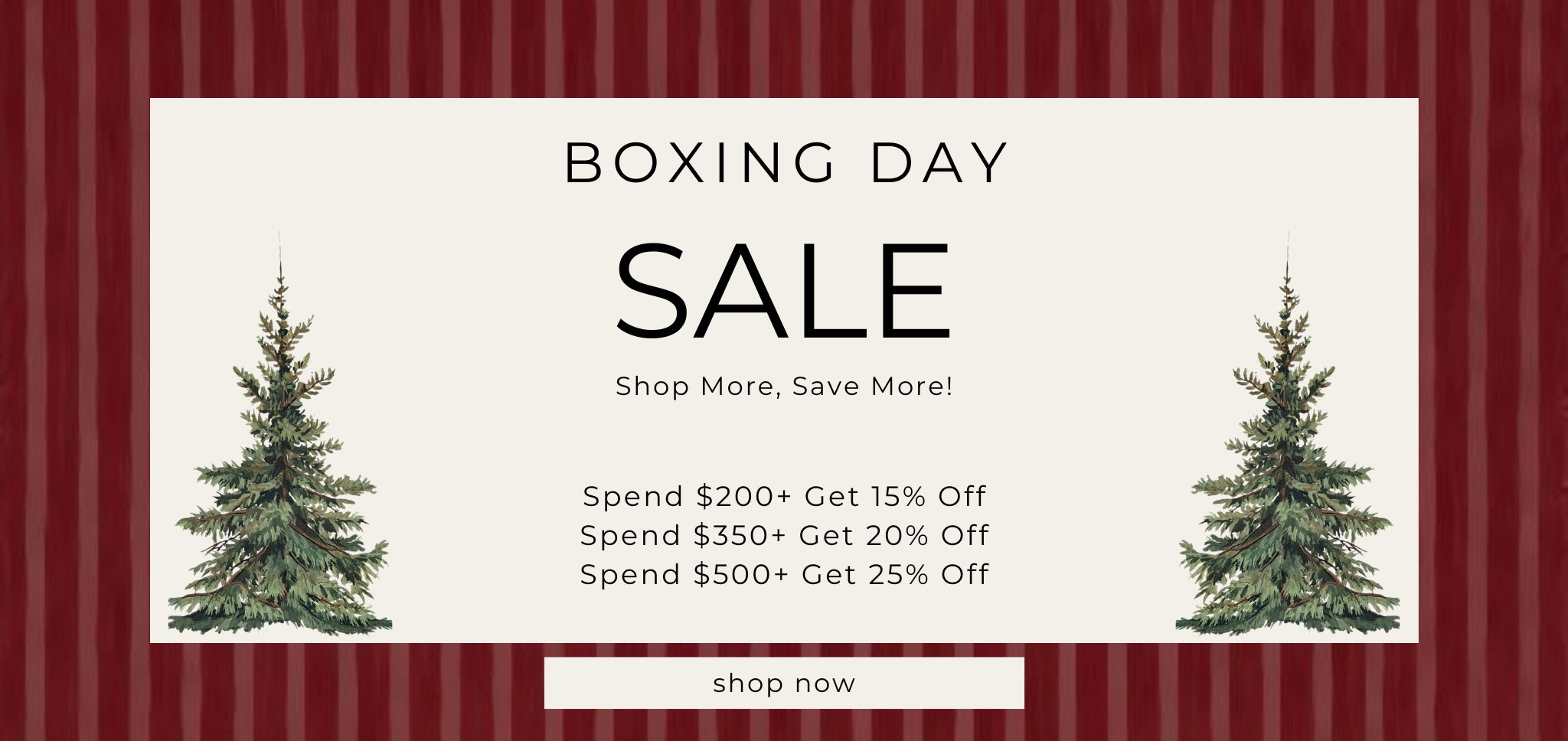 Boxing Day sale advertisement with Christmas trees on a red and white striped background