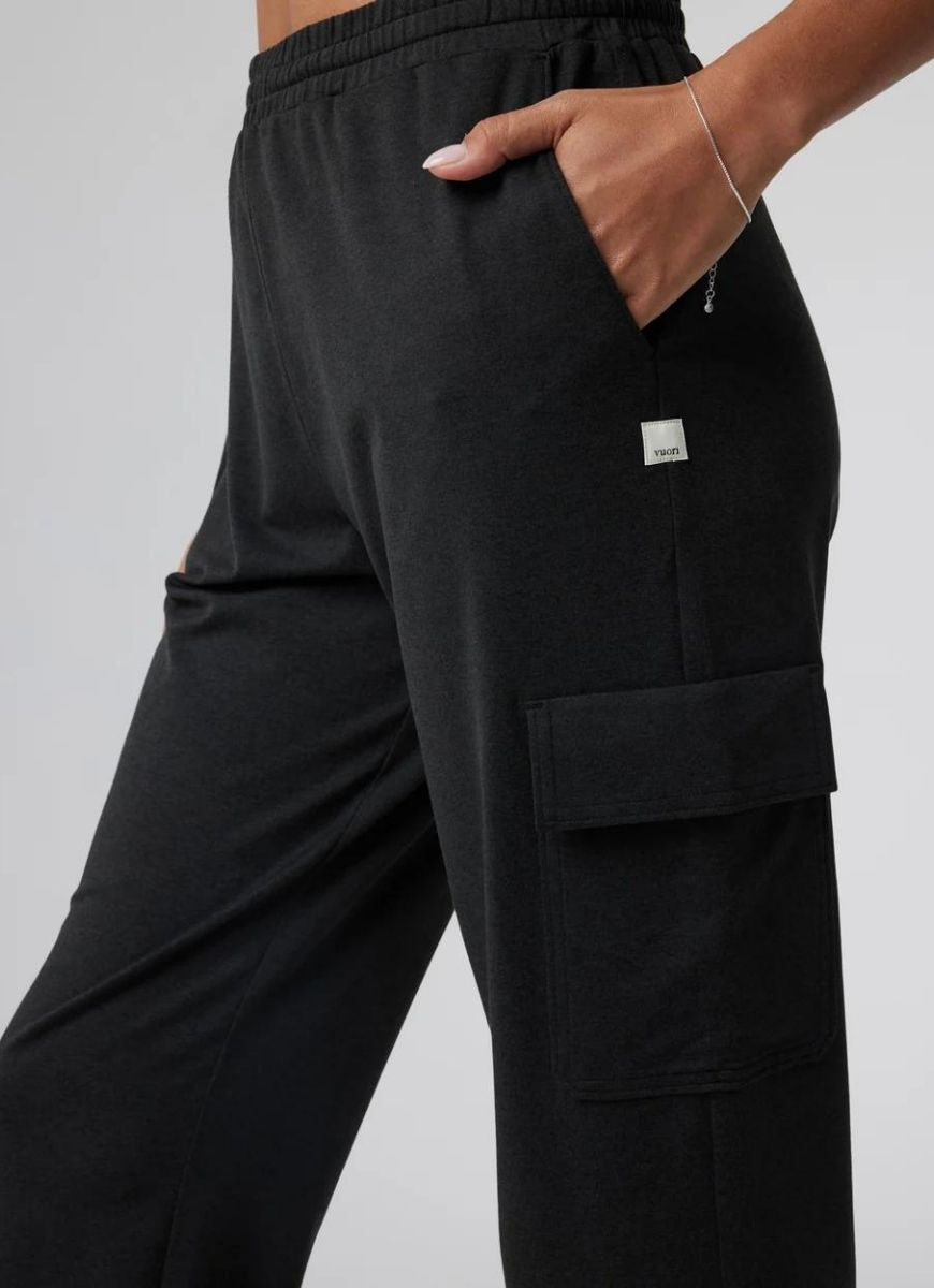 Vuori Boyfriend Cargo Jogger in Black Heather Close Up View of Hand in Pocket