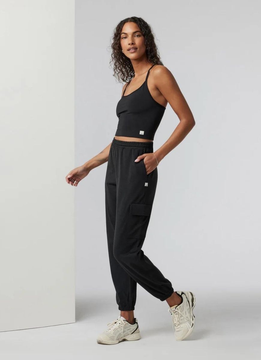 Vuori Boyfriend Cargo Jogger in Black Heather Full Length Angled Side View