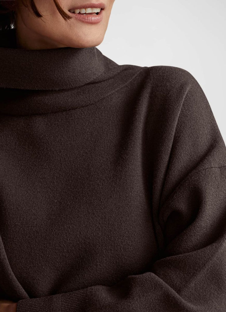 Varley Cavendish Rollneck Knit Women's Top in Coffee Bean Close Up View of Neckline