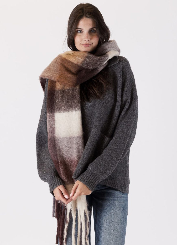 Lyla + Luxe Check Scarf in Brown Shown on Model