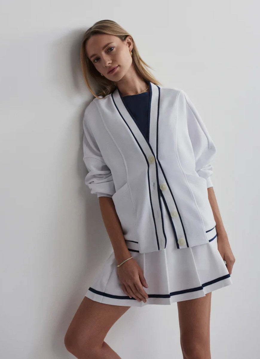 Varley Decker Off-Court Cardigan in White Front View Buttoned