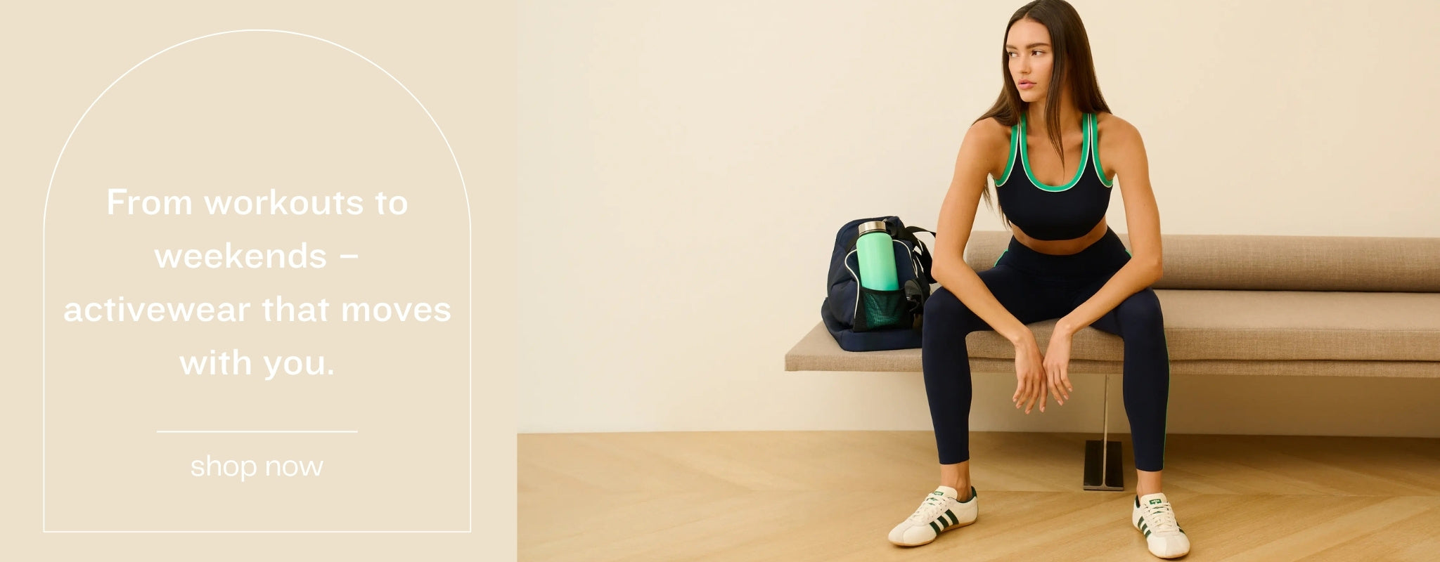 Woman in athletic wear sitting on a couch with a gym bag, promotional text about activewear.