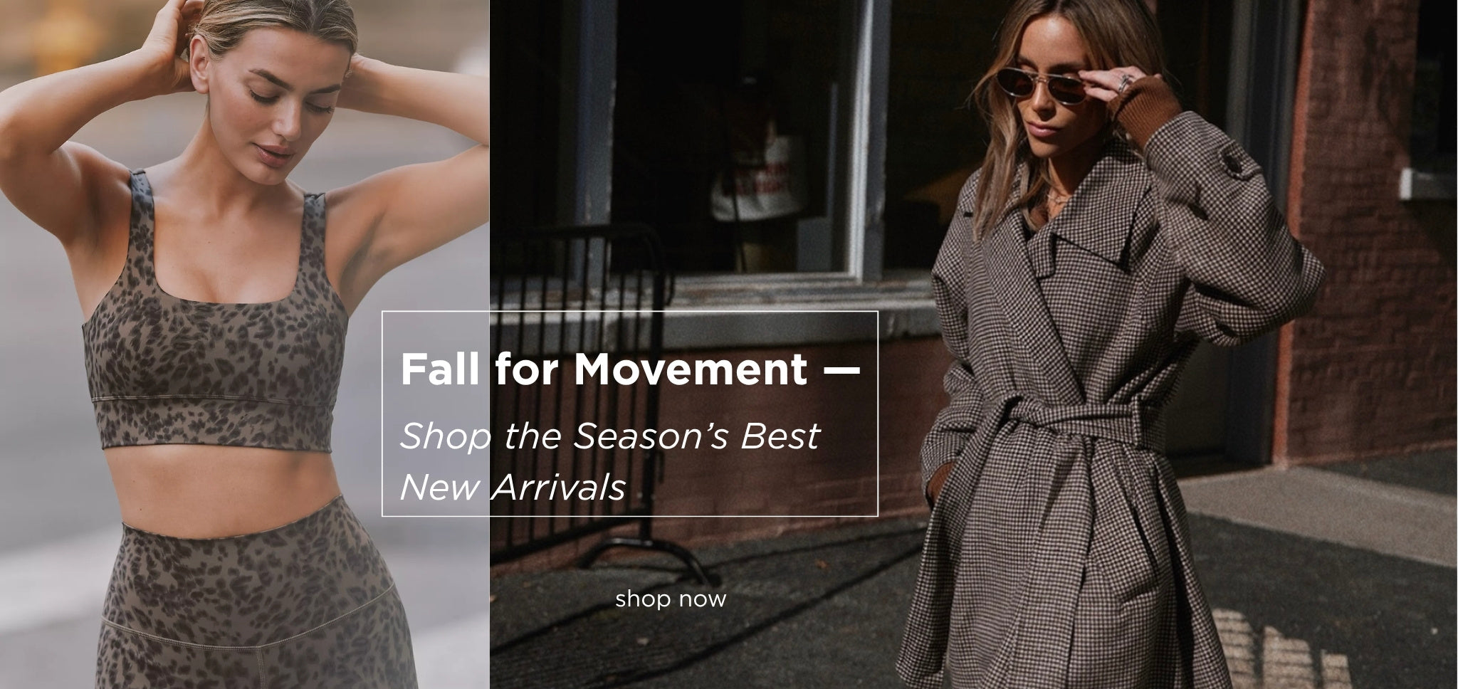 Two women in athletic wear and a trench coat with promotional text for 'Fall for Movement'.