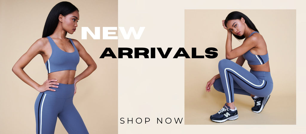New Arrivals Main Desktop Graphic Showing Model Wearing Splits59 Ella Airweight Bra and Ella High Waist Airweight 7/8 Legging in Steel Blue 