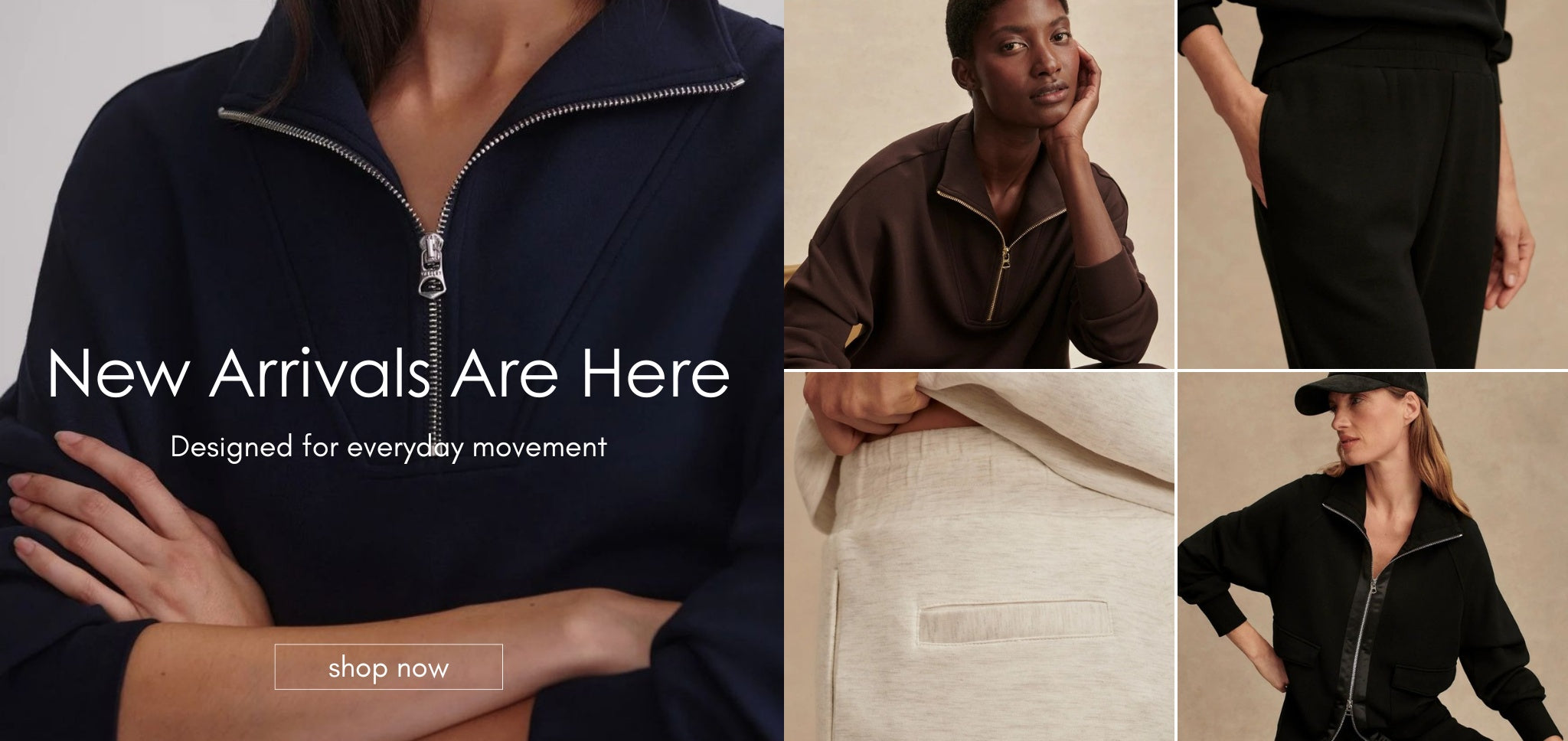 Collage of people wearing dark jackets with text 'New Arrivals Are Here' and 'shop now' button.