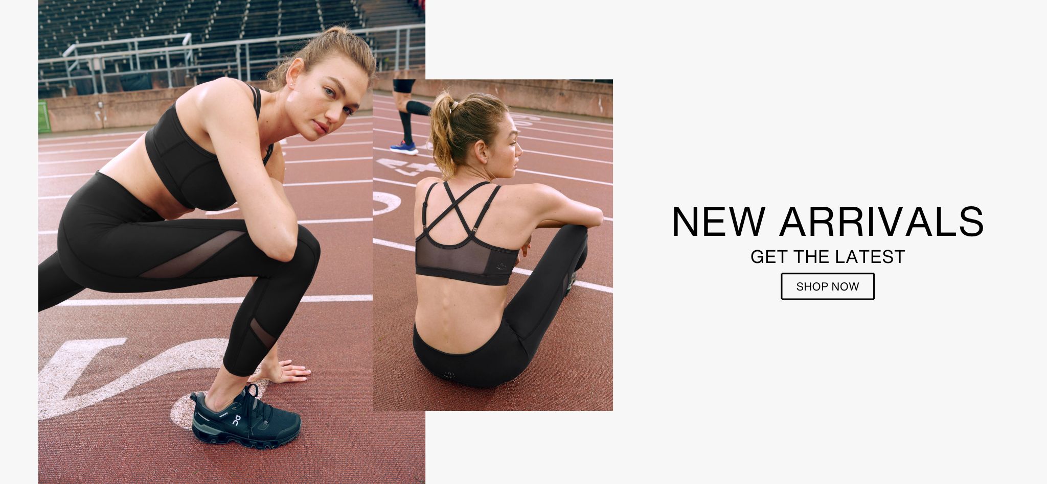 New Arrivals Showing Model on Running Track Wearing the Beyond Yoga Powerbeyond Bootcamp Midi Legging and Powerbeyond Bootcamp Bra in Black