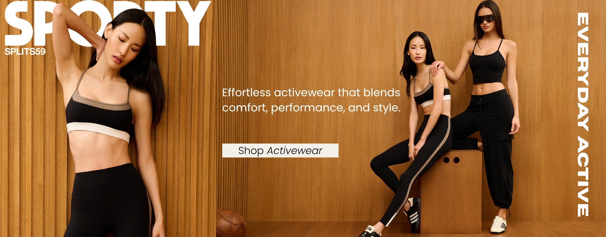 Two women in black athletic wear posing against a wooden background with promotional text.