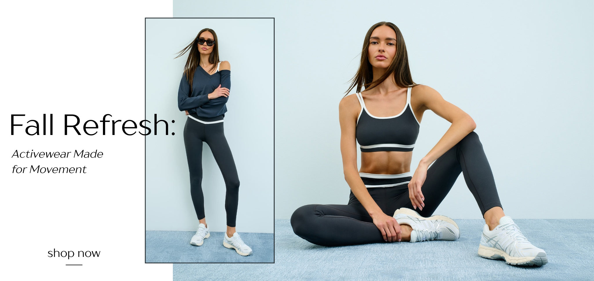 Woman in athletic wear with text 'Fall Refresh: Activewear Made for Movement' on a light blue background