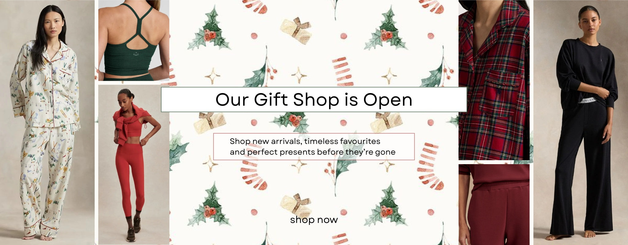 Promotional image for a gift shop with clothing and festive graphics.