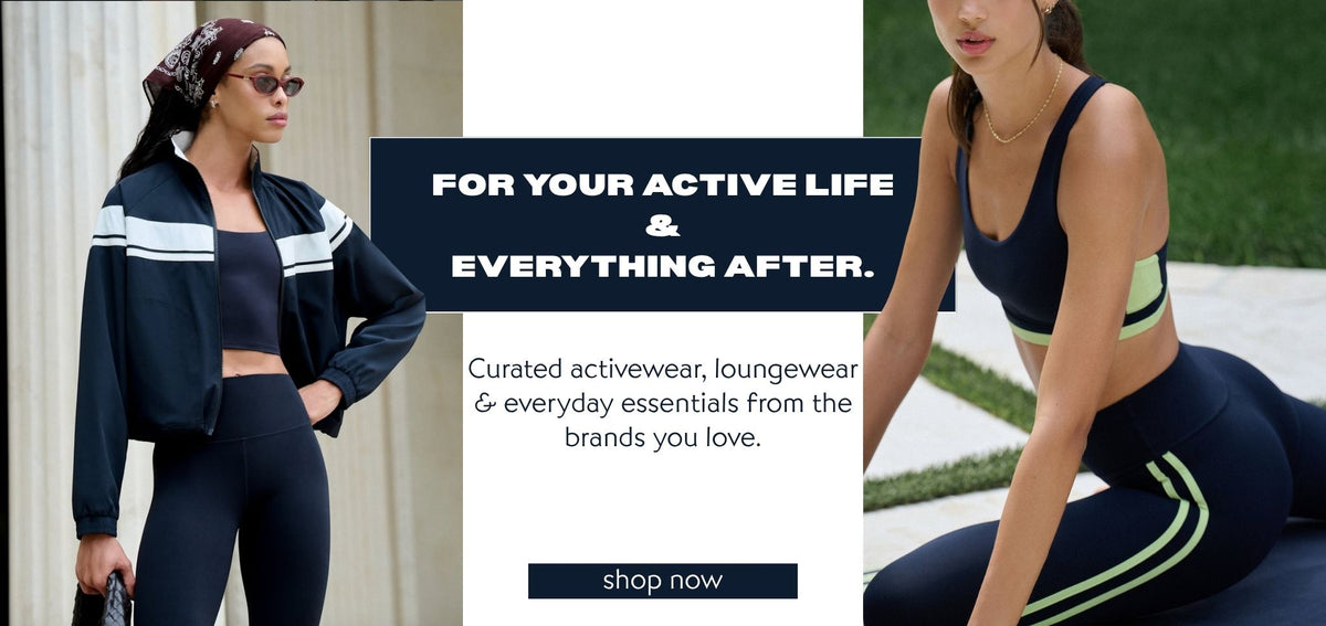 Promotional banner for activewear and loungewear featuring two models. On the left, a woman wears a navy blue cropped zip-up jacket with white stripes, a matching crop top, and leggings.