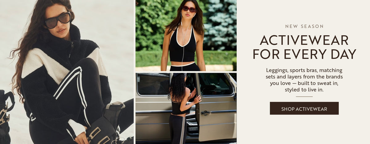 Women's activewear collection featuring black and cream fleece, workout leggings, fitted tanks and matching athletic sets at relevé