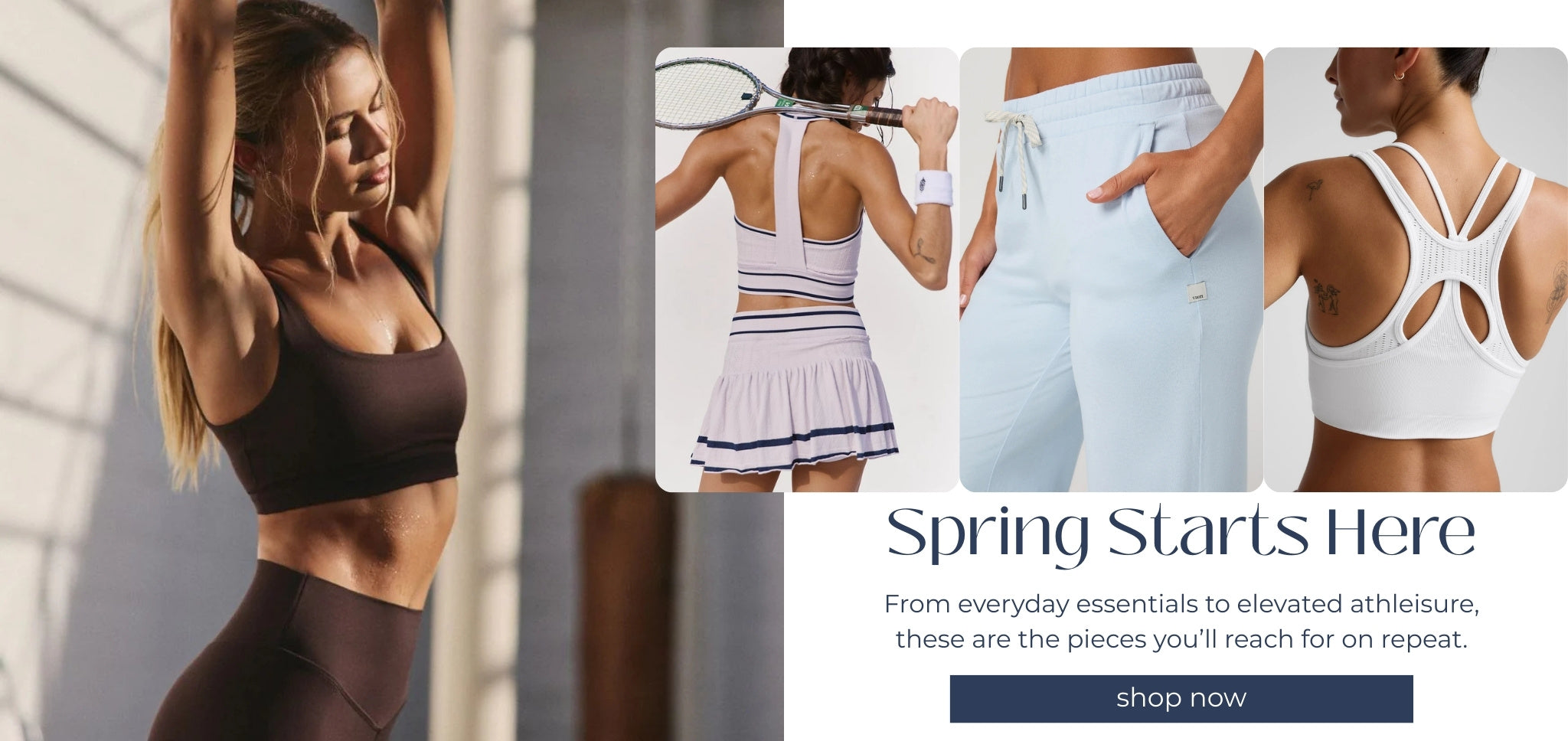 Woman in athletic wear with promotional text 'Spring Starts Here' and 'shop now' button.
