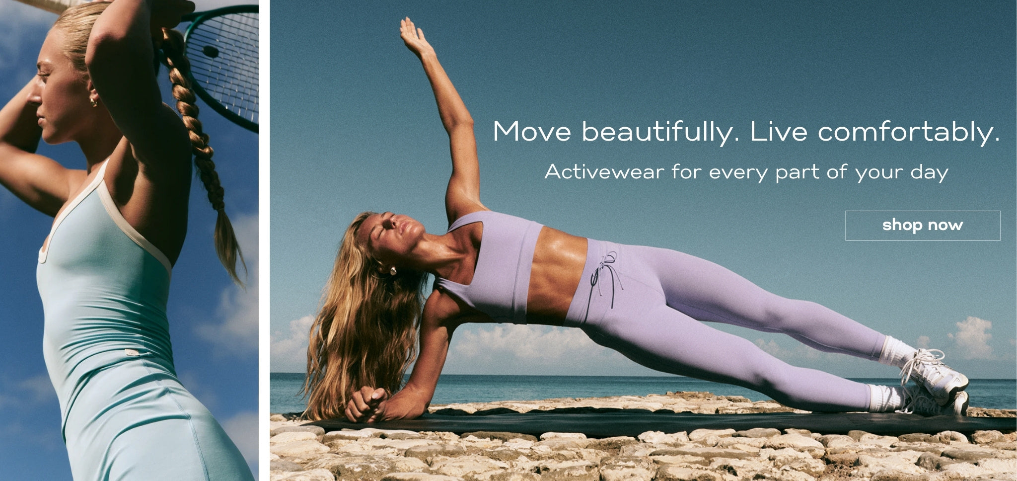 Woman in light blue athletic outfit on the left, woman in purple athletic outfit on the right with promotional text.