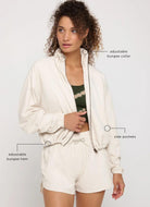 Spiritual Gangster Elana Woven Jacket in Birch Ivory Front View Unzipped