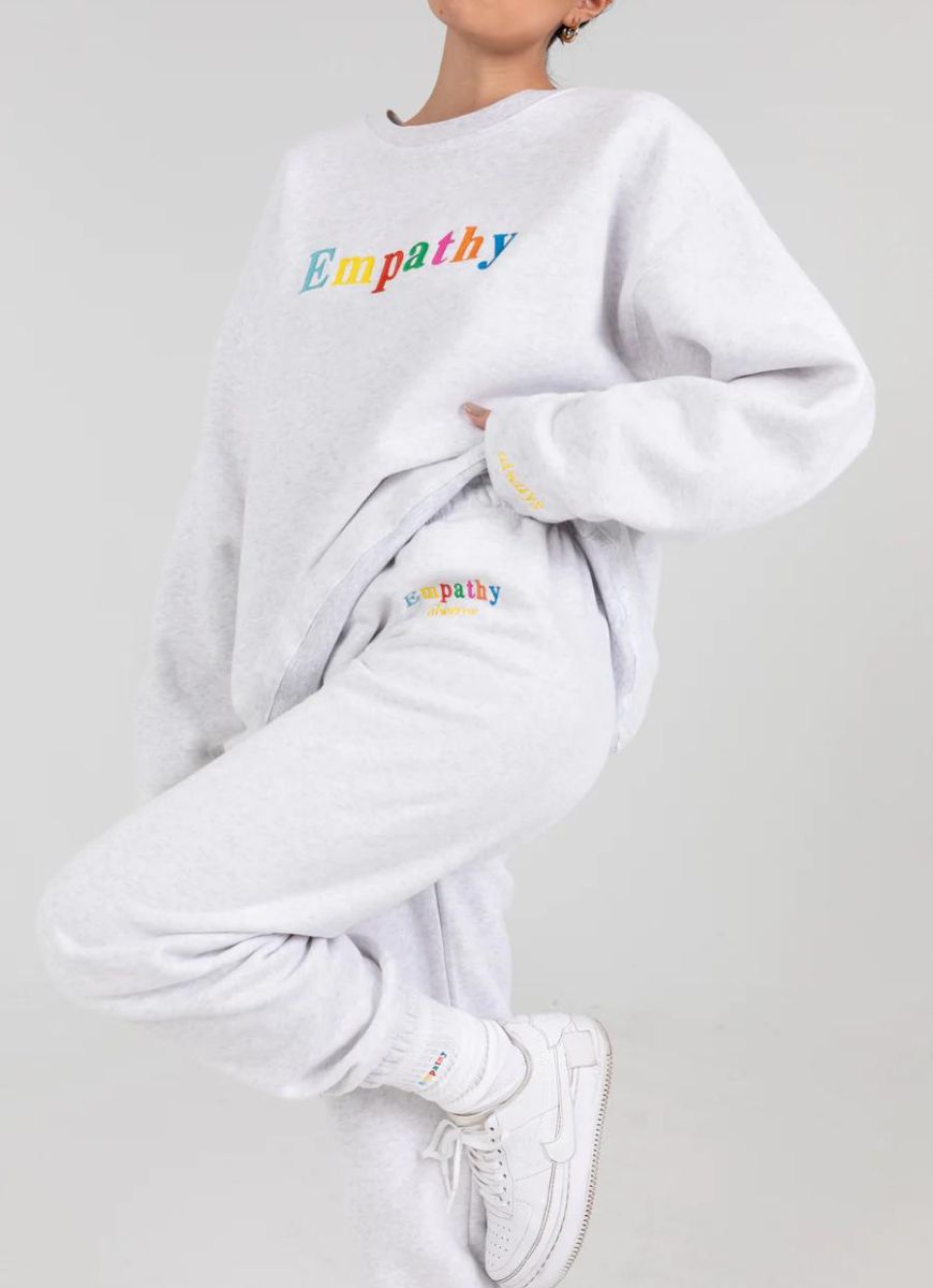 The Mayfair Group Empathy Always Sweatpants in Grey Front View Model with One Leg Raised