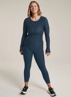 Beyond Yoga Featherweight Classic Crew Pullover in Navy Full Length Front View