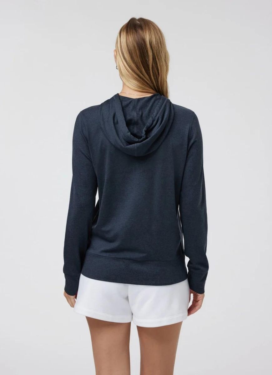 Vuori Women's Halo Performance Hoodie 2.0 in Midnight Heather Back View