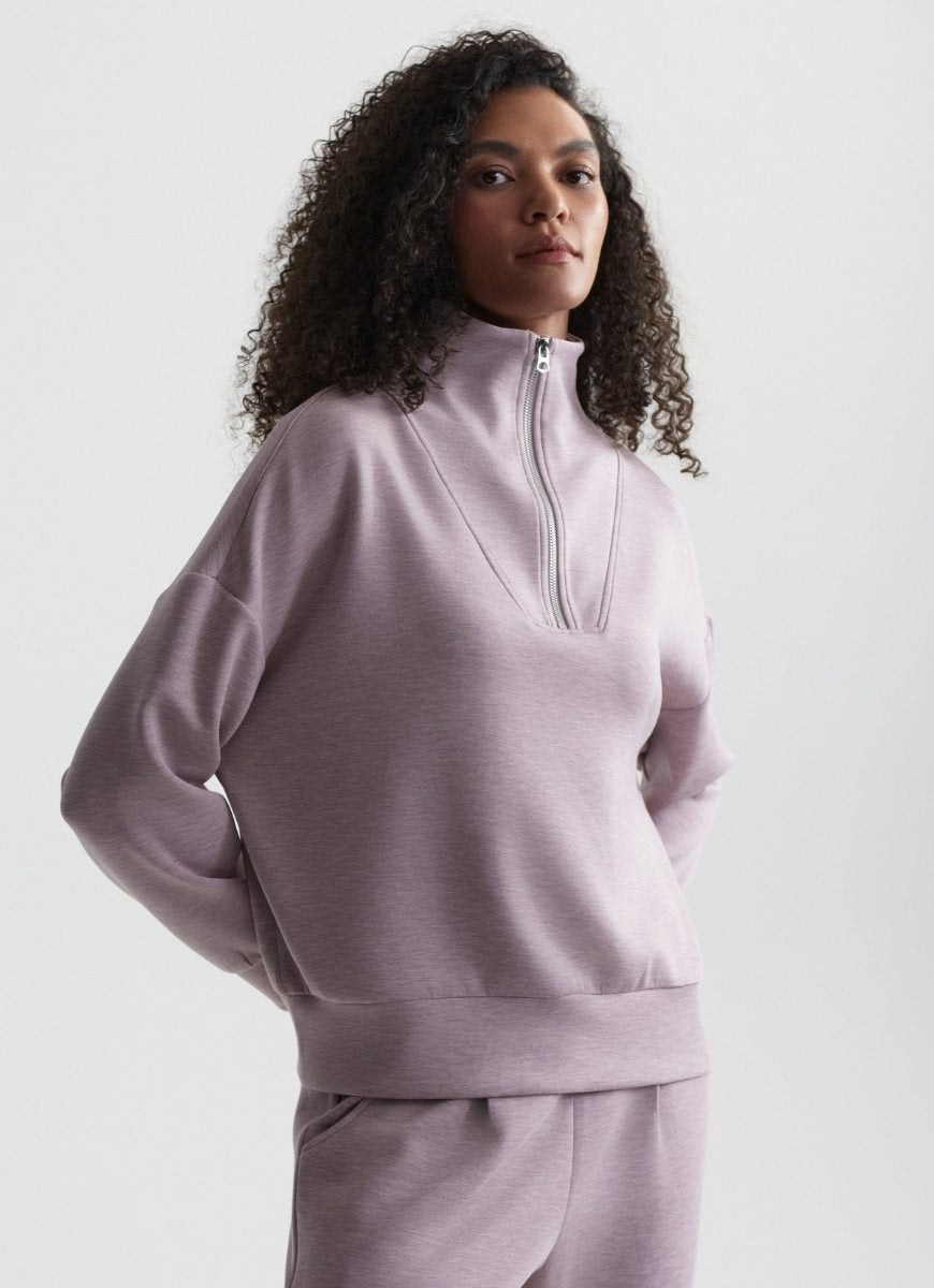 Varley Hawley Half Zip Sweat in Mauve Marl Angled Side and Front View