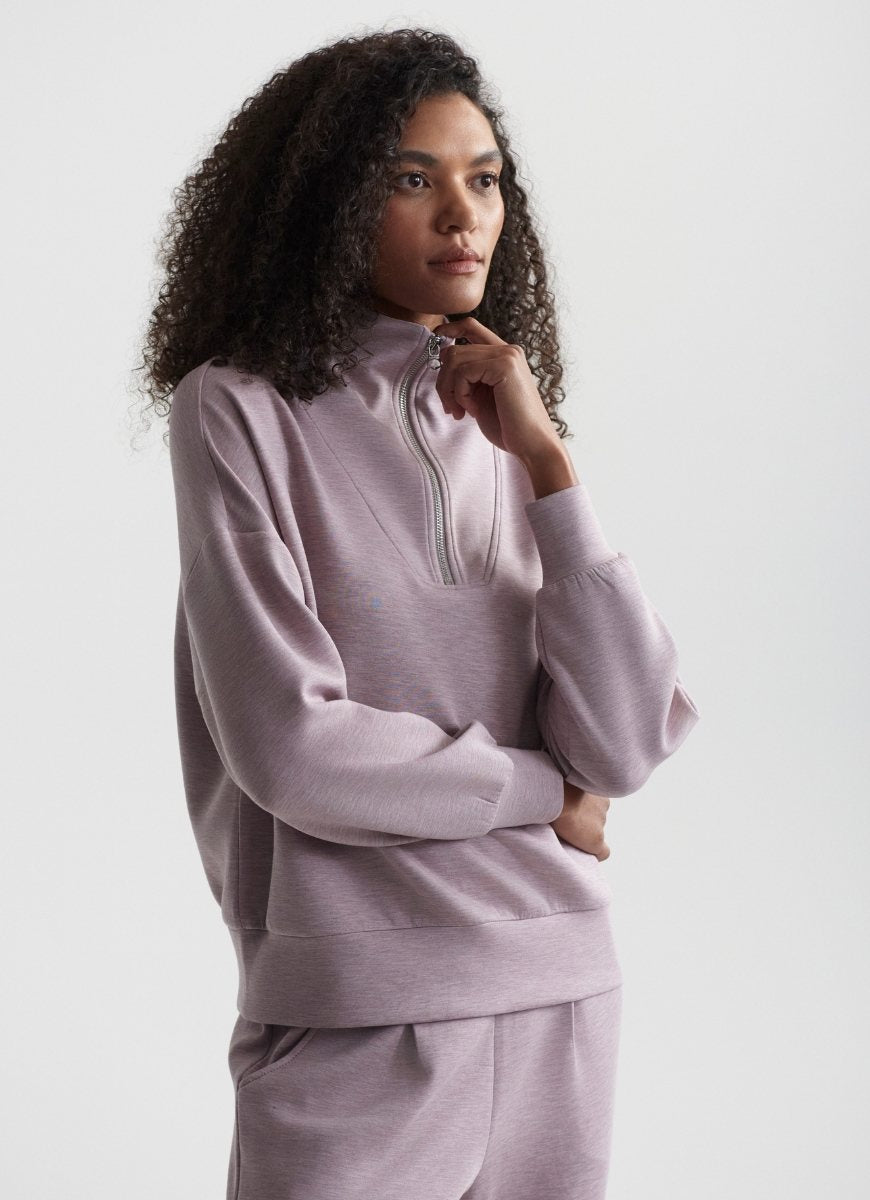 Varley Hawley Half Zip Sweat in Mauve Marl Angled View