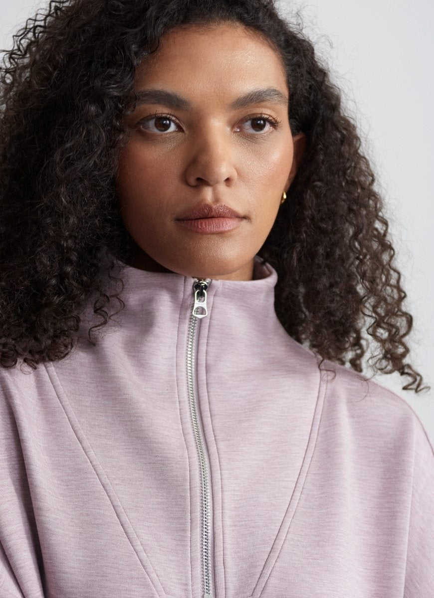 Varley Hawley Half Zip Sweat in Mauve Marl Close Up Front View of Zipper