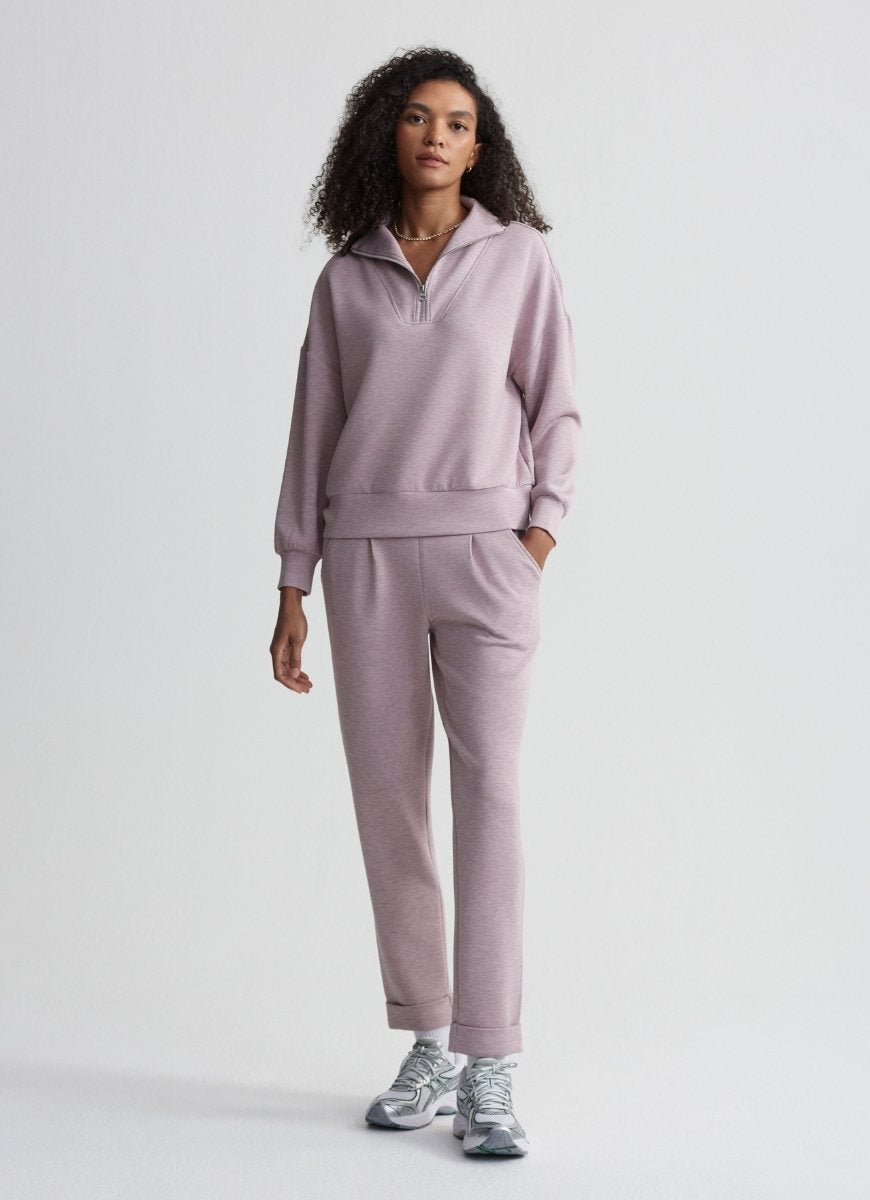 Varley Hawley Half Zip Sweat in Mauve Marl Full Length Front View