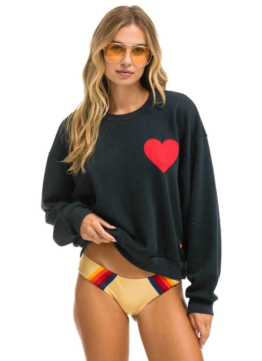 Aviator Nation Women's Heart Stitch Relaxed Crew Sweatshirt in Charcoal Front View