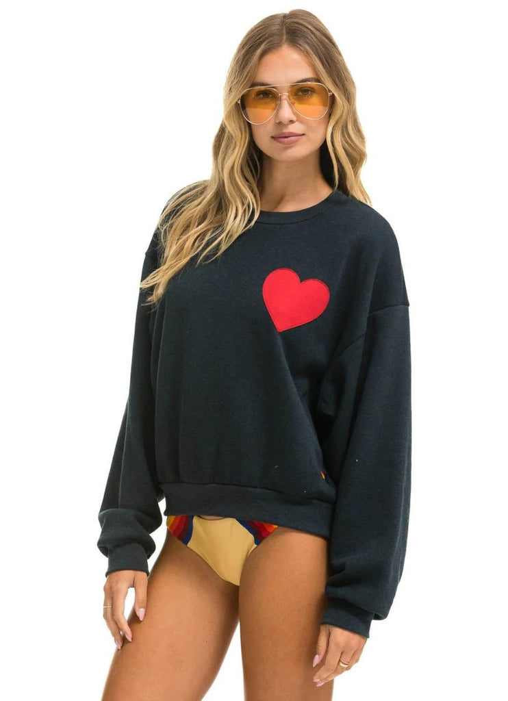 Aviator Nation Women's Heart Stitch Relaxed Crew Sweatshirt in Charcoal Angled Front View