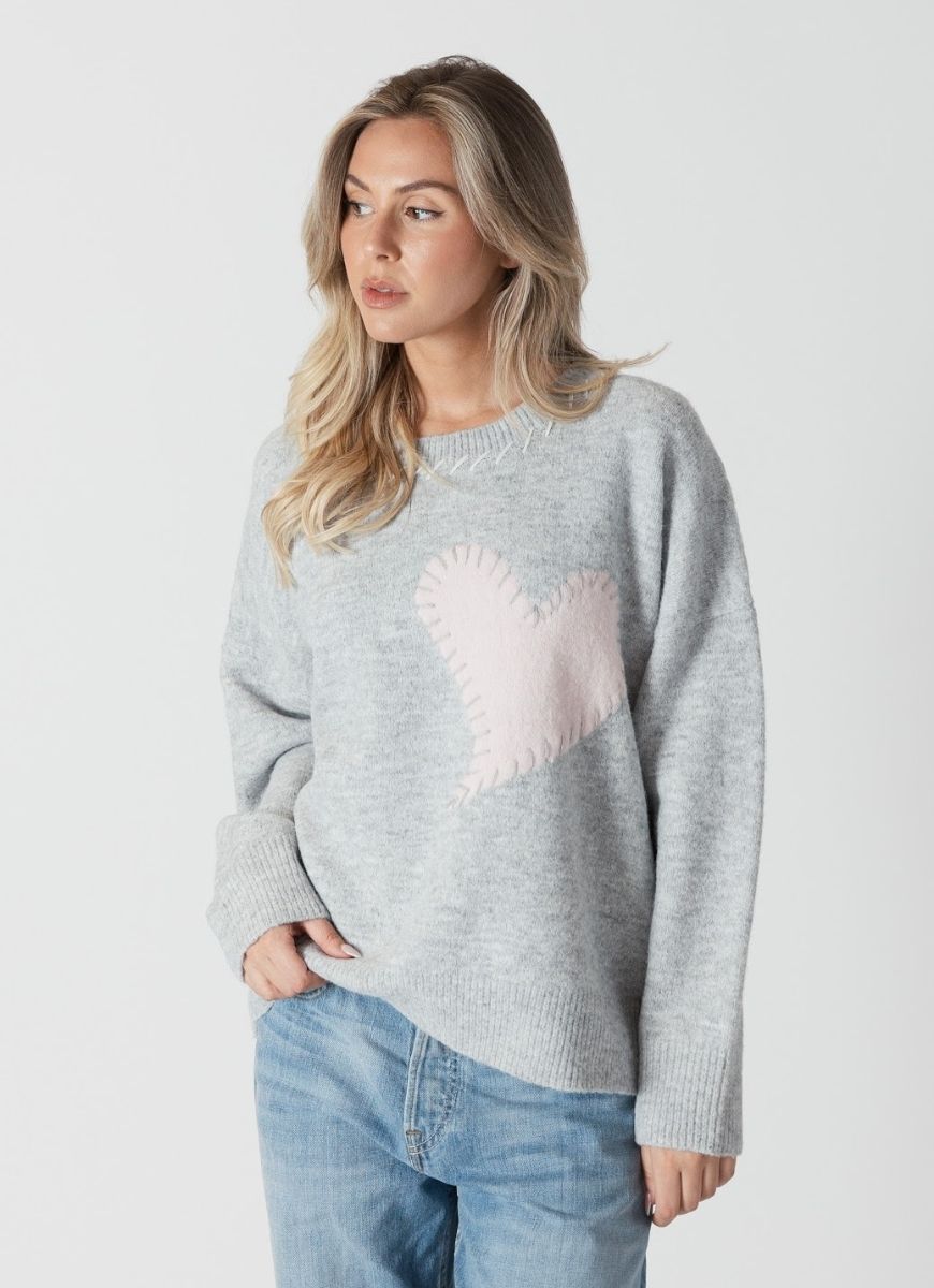 Lyla + Luxe Heart Sweater in Light Grey/Pink