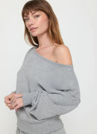 Spiritual Gangster La Vida Off Shoulder Sweatshirt in Heather Ash Angled Side View of Shoulder