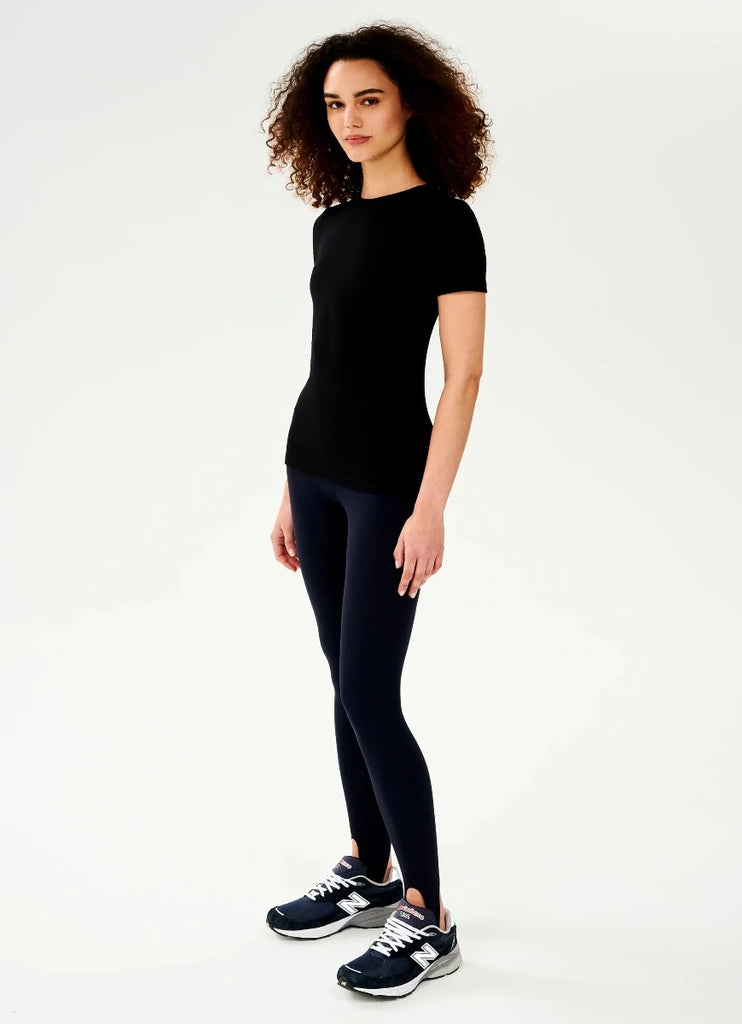 Splits59 Louise Rib Short Sleeve Women's Tee in Black Full Model Angled Side View