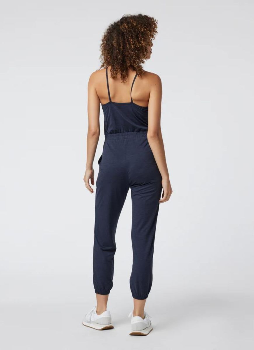 Vuori Lux Jogger Jumpsuit in Midnight Heather Full Length Front View