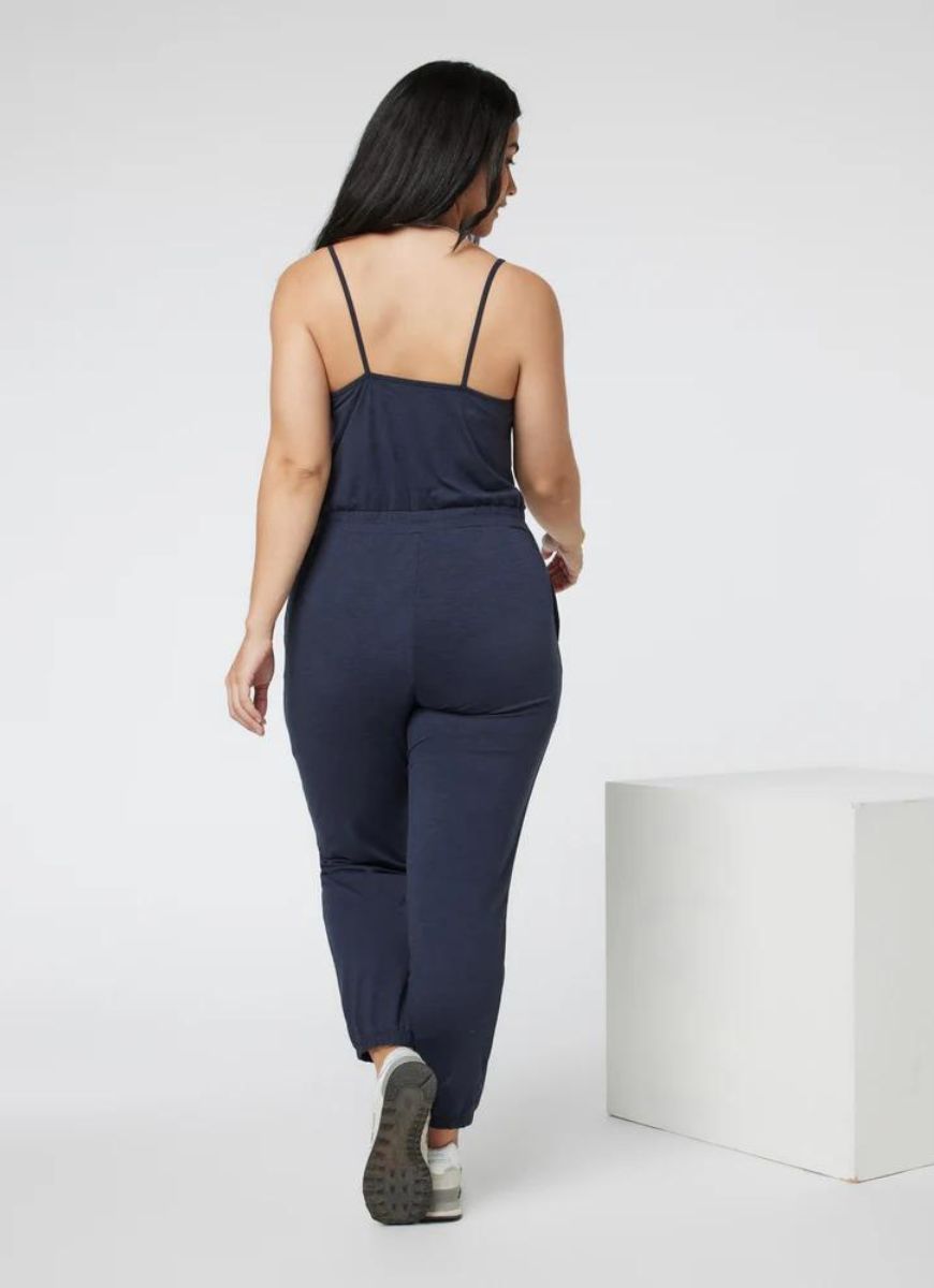 Vuori Lux Jogger Jumpsuit in Midnight Heather Full Length Back View