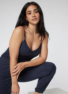 Vuori Lux Jogger Jumpsuit in Midnight Heather Close Up Front View