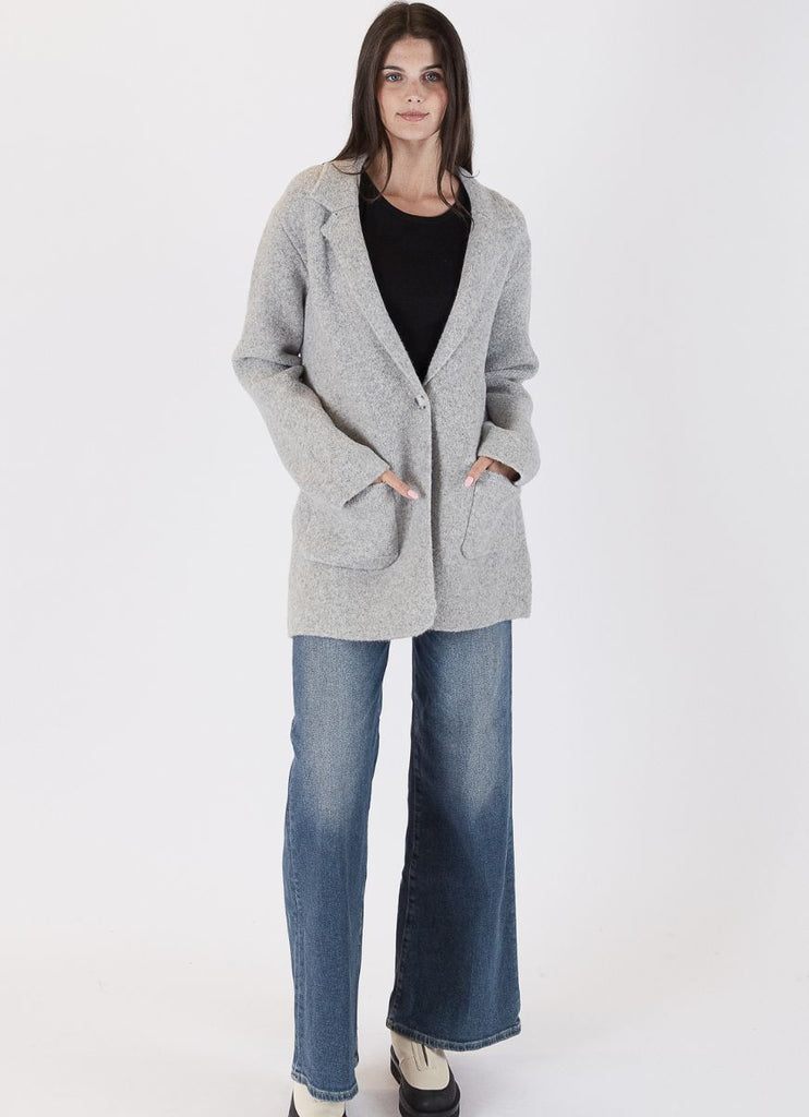 Lyla + Luxe Genie Oversized Blazer in Light Grey Full Model Front View with Hands in Pockets