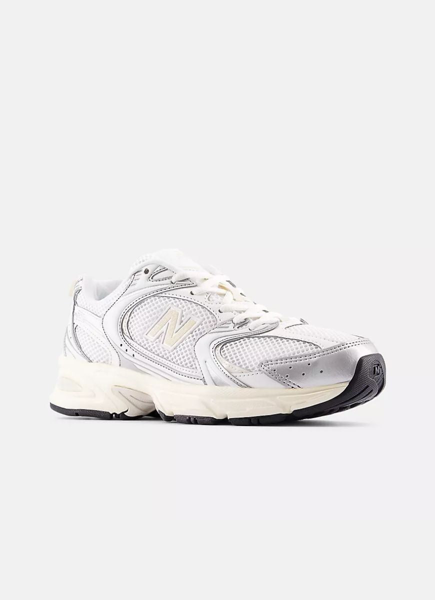 New Balance Women's 530 Running Show in Silver Metallic/Linen Angled Side View